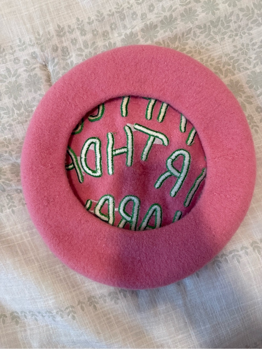 Pink Wool Embroidered 'Happee Birthdae Harry' Beret - Picture 2 of 3
